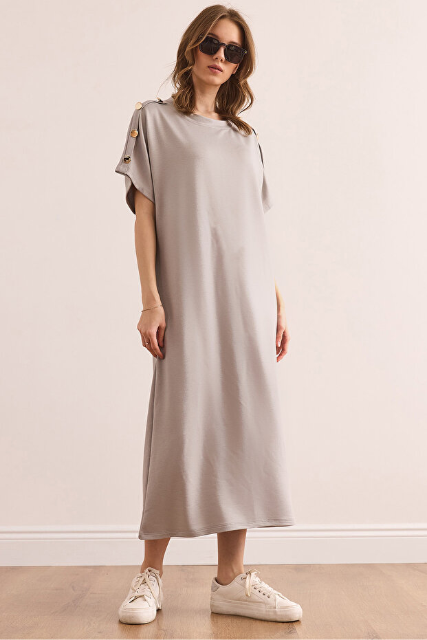 Women's Gray Shoulder Button Detailed Crystal Draped Dress Elb- 19002370