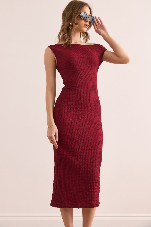 Women's Burgundy One Shoulder Textured Midi Dress Elb- 19002365