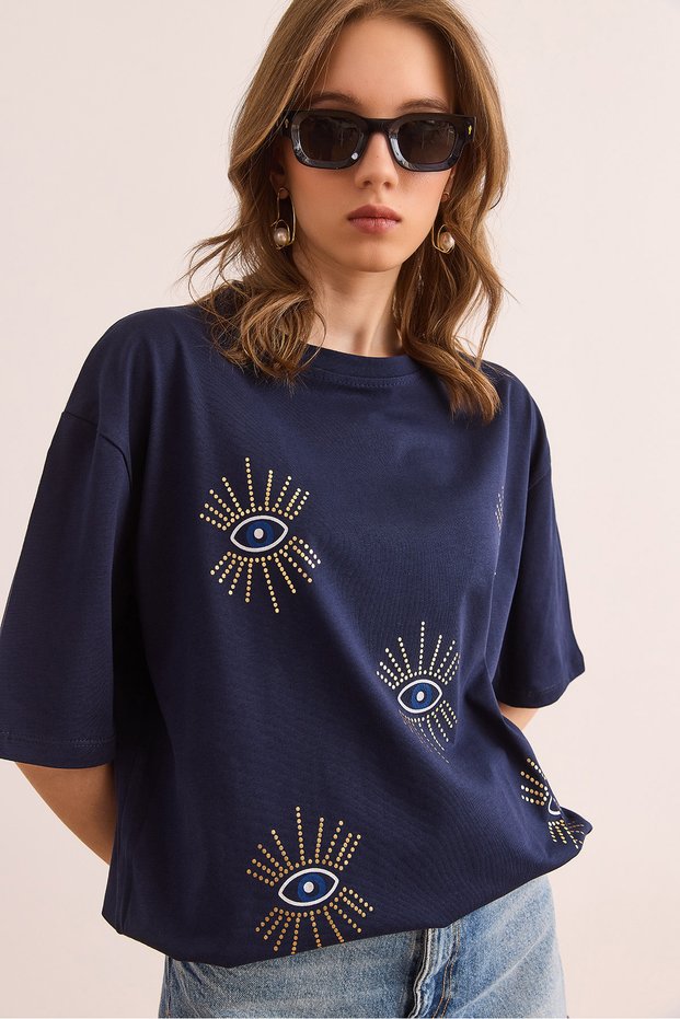 Women's Navy Blue Eye Printed Foil Detailed T-Shirt Tsh- 19000770
