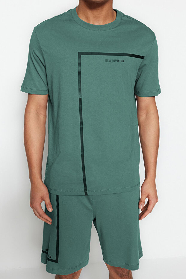 Yeşil Regular Fit Baskılı Örme Şortlu Pijama Takımı TMNSS23PT00017 - 3