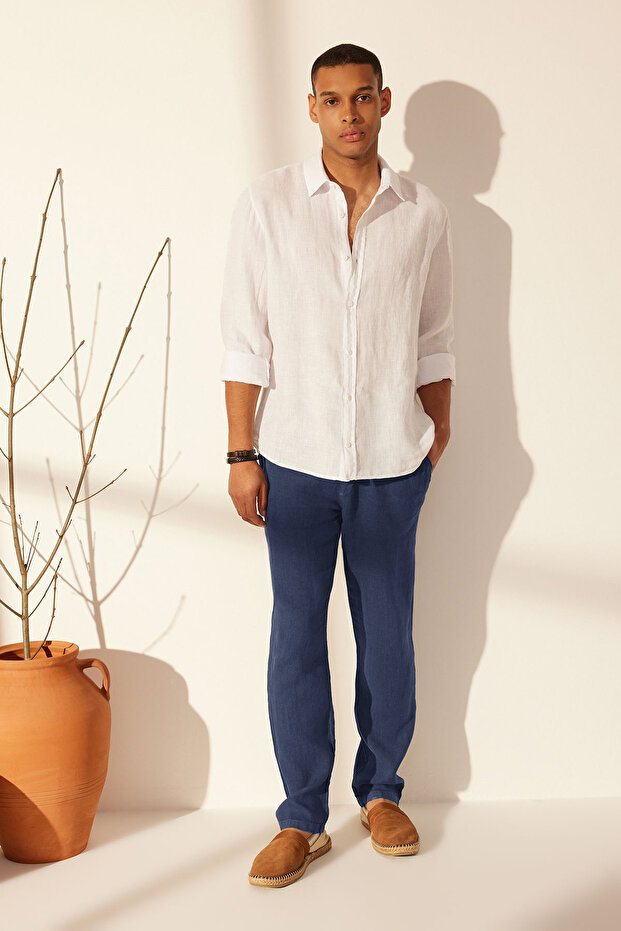 Lacivert %100 Keten Regular Fit Pantolon TMNSS24PL00018 - 11