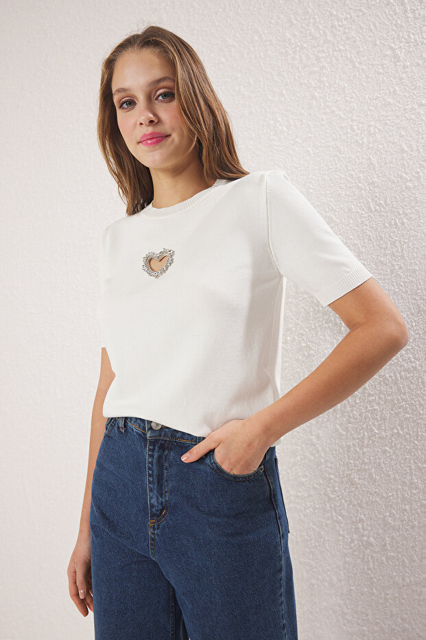 Ekru Premium İplik/Özel İplik Kalp Cut Out/Pencere Detaylı Taşlı Triko Bluz TWOSS25BZ00541 - 2