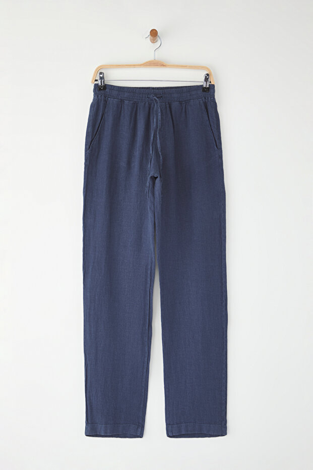 Lacivert %100 Keten Regular Fit Pantolon TMNSS24PL00018 - 13
