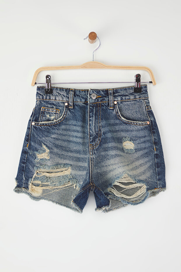 Koyu Mavi Normal Bel Yırtık Detaylı Mini Denim Şort TWOSS25SR00171 - 5
