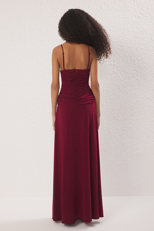 Bordo Gül Detaylı Örme Maxi Şık Abiye Gece Mezuniyet Elbisesi TPRSS25AE00180 - 8