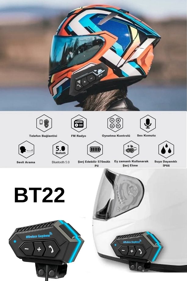 BT22 Bluetooth 5.0 Destekli Kask Kulaklığı İntercom Motosiklet Kulaklık - 2