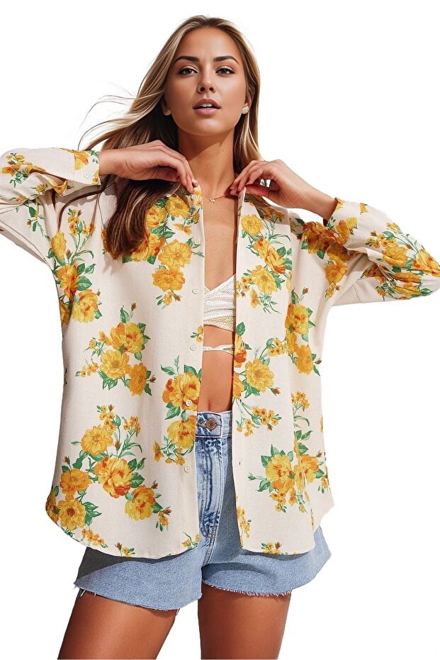 Women's Yellow Floral Linen Oversize Shirt with Buttons