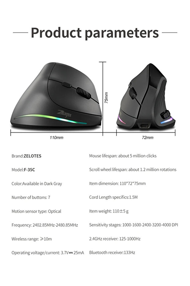 F-35C Dikey Ergonomik Bluetooth Led Ekran Mouse 4000DPI - 5