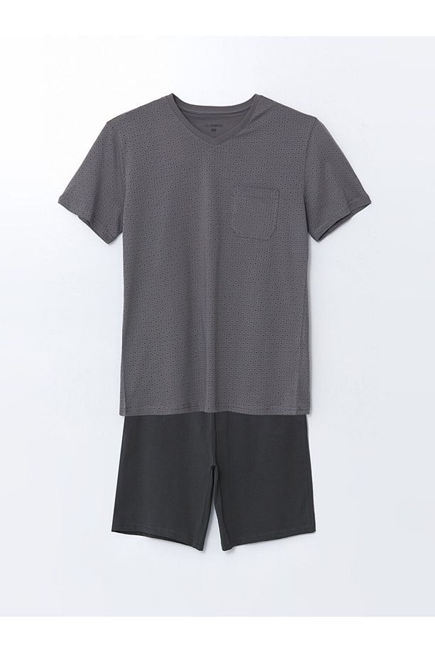 Gri Standart Kalıp Erkek Şortlu Pijama Takımı - 1