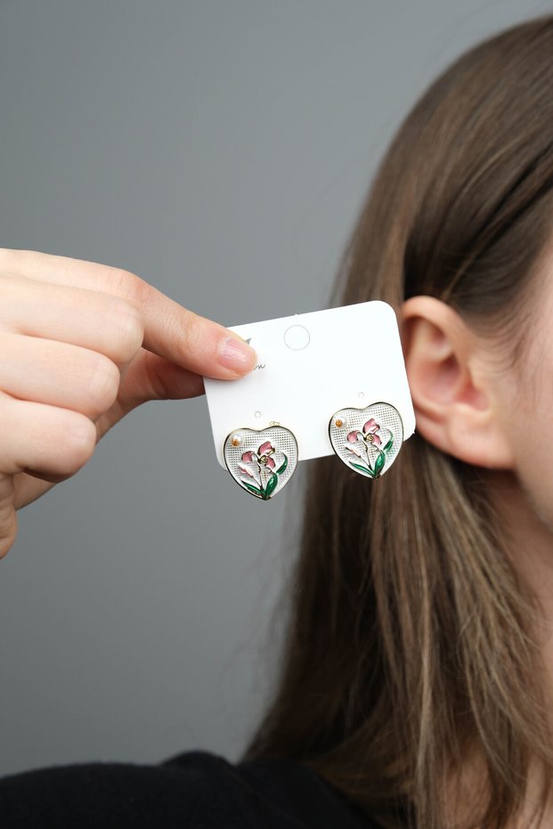 Women's Enamel Steel Earrings - Heart and Flower Detailed Casual Earrings