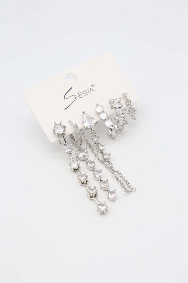 Tasarım Ürün 6'lı Çelik Set Küpe Zirkon Taş ve Gömme Kristal taş 1 adet Earcuff - 1