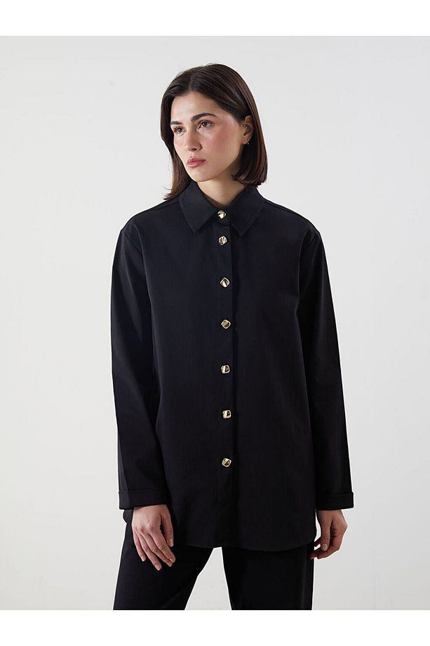 LCW Modest Siyah Gabardin Kadın Gömlek - 1