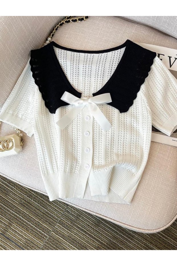 Cream Knit Lace-Like Knit Peter Pan Collar Openwork Bow/ribbon Detailed Women's T-shirt