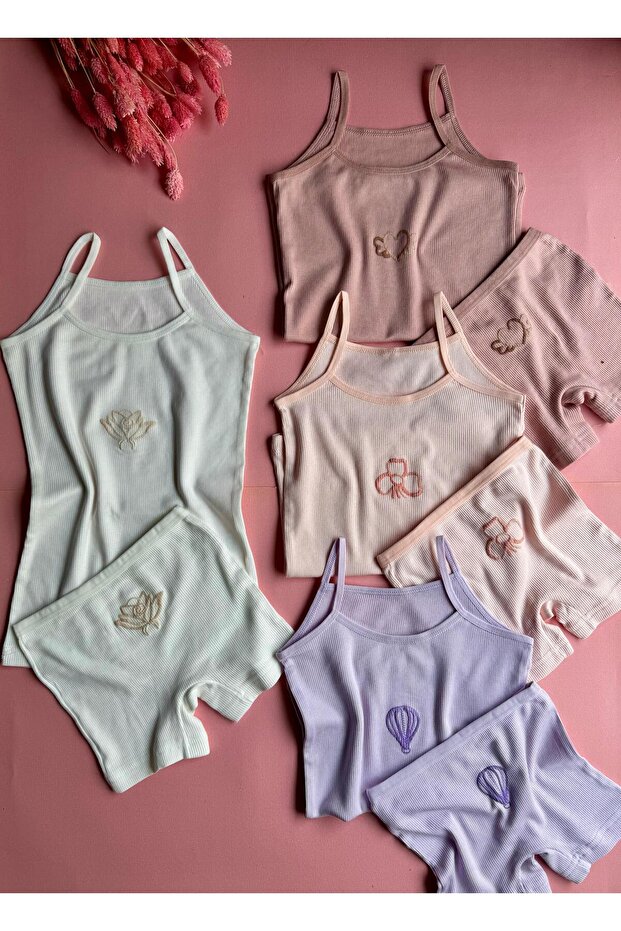 Modal Fabric, 4-Piece Thread Strap Embroidery Embroidered Camisole Girl's Undershirt and Shorts Set (8 Pieces)