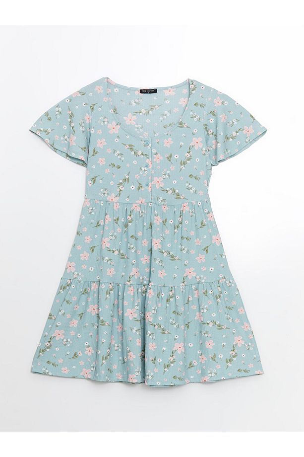 LCW Comfort Mavi U Yaka Çiçekli Mini Elbise - 1