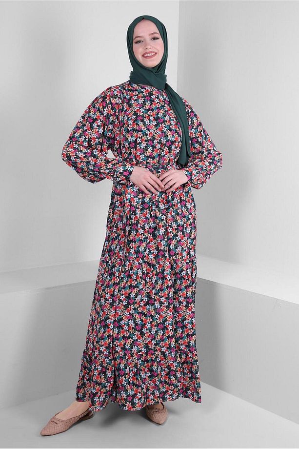ÇİÇEK DESENLİ KUŞAKLI KREP ELBİSE 43658 - 1