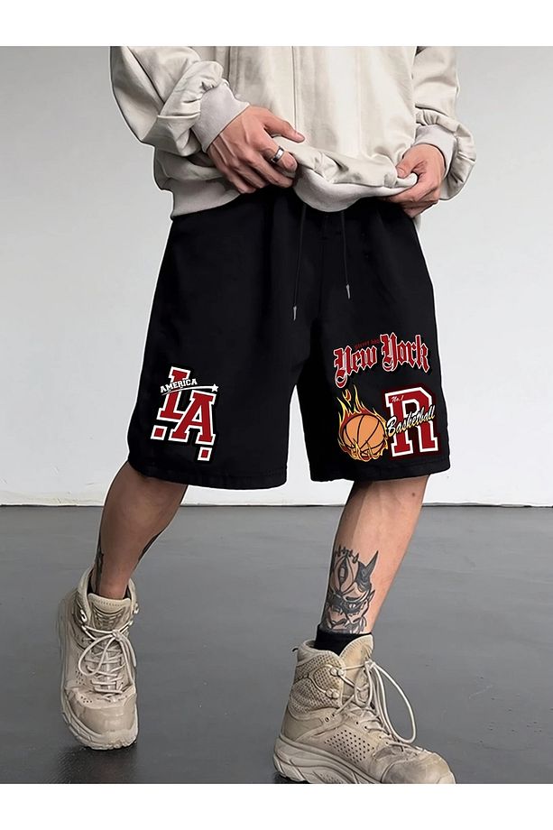 Erkekler için Günlük LA & NYC Basketbol Baskılı İpli Şortlar - %100 Polyester - 2