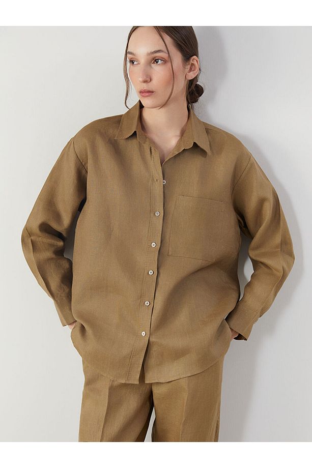 LCW Vision Haki Oversize Keten Kadın Gömlek - 1