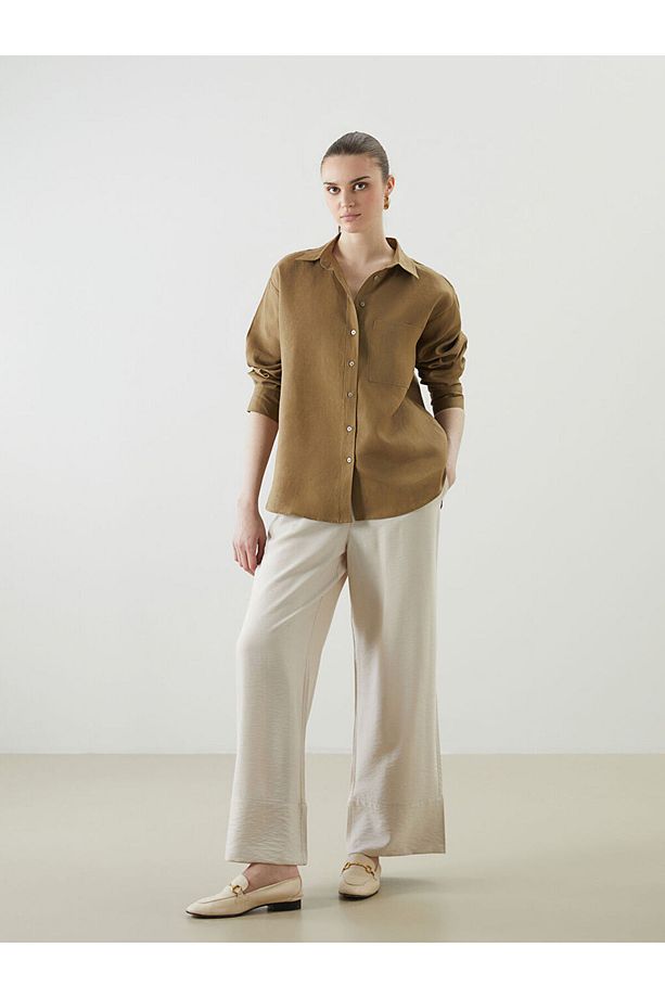 LCW Vision Haki Oversize Keten Kadın Gömlek - 4
