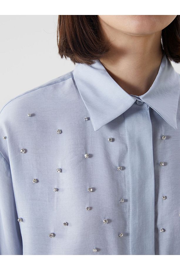 LCW Modest Mavi Taşlı Oversize Kadın Gömlek Tunik - 3