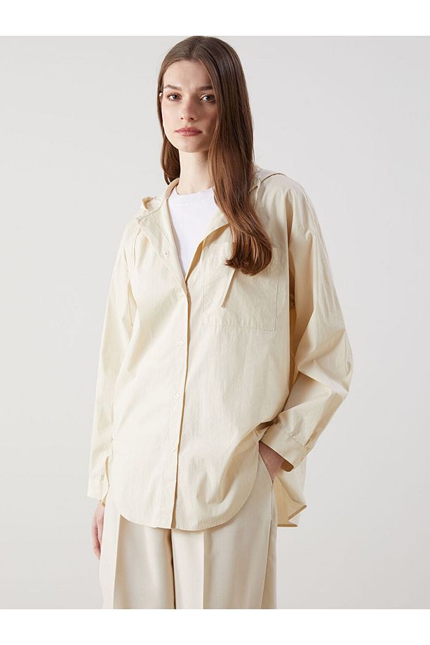 LCW Modest Bej Kapüşonlu Oversize Poplin Kadın Tesettür Kap - 1