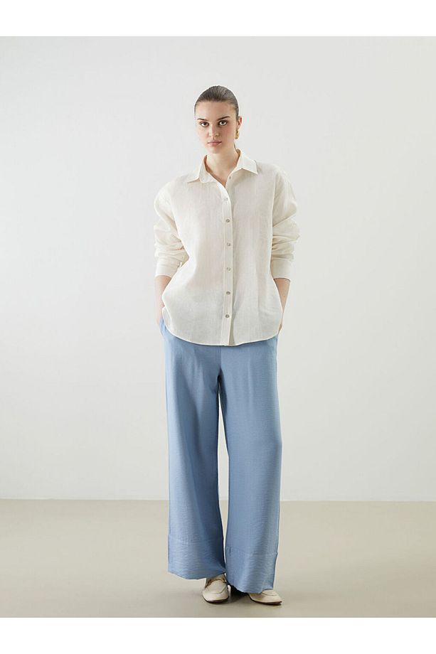 LCW Vision Ekru Oversize Keten Kadın Gömlek - 4