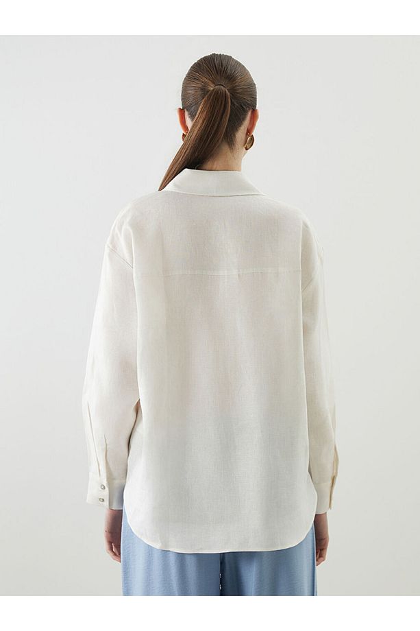 LCW Vision Ekru Oversize Keten Kadın Gömlek - 8