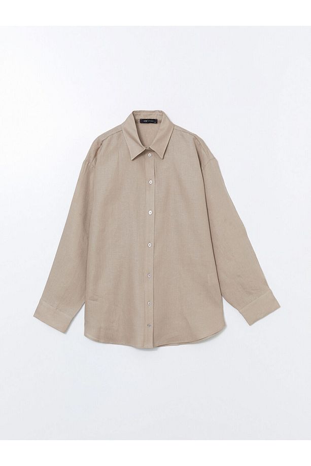 LCW Vision Bej Oversize Keten Kadın Gömlek - 1