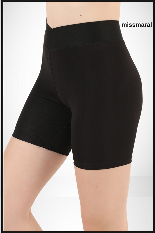 Women's Black Cross Belt Mini Sea Pool Shorts Daily Use High Waist Woven Rubber Detailed