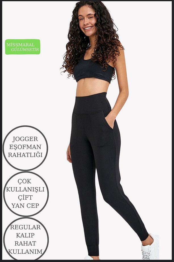 Kadın Eşofman Alt Siyah Curve Jogger Dalgıç Kumaş Yüksek Bel Çift Cepli Joggers 1061 - 7