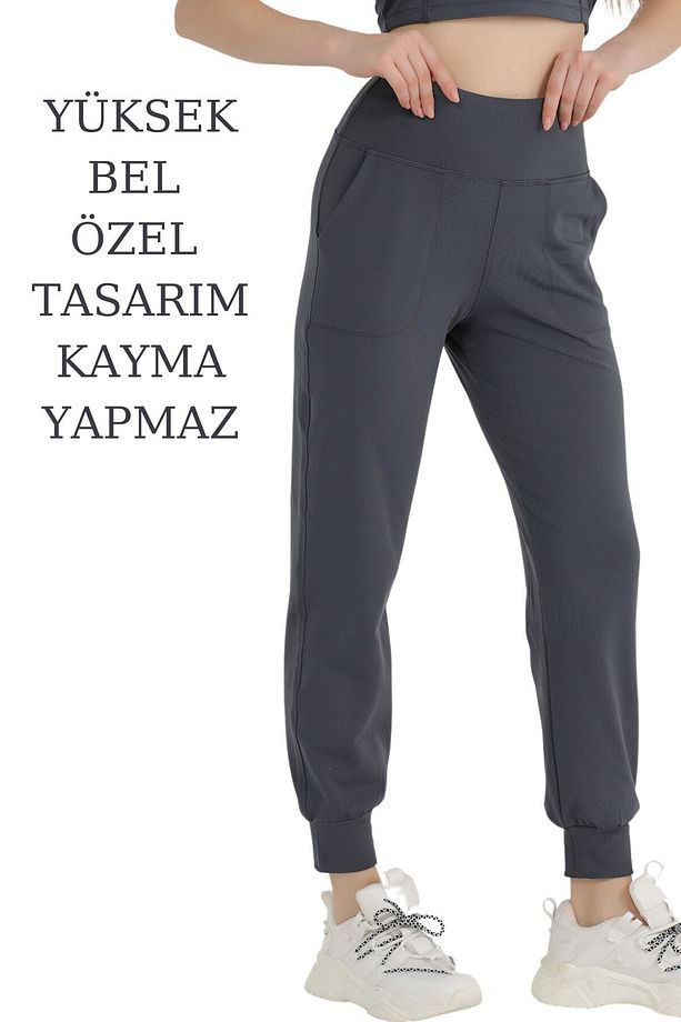 Kadın Curve Eşofman Alt Antrasit Jogger Dalgıç Kumaş Yüksek Bel Çift Cepli Joggers 1061 - 5