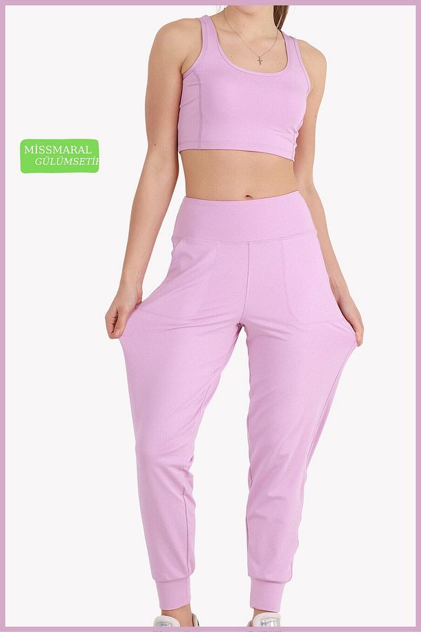 Kadın Curve Eşofman Alt Lila Jogger Dalgıç Kumaş Yüksek Bel Çift Cepli Joggers 1061 - 7