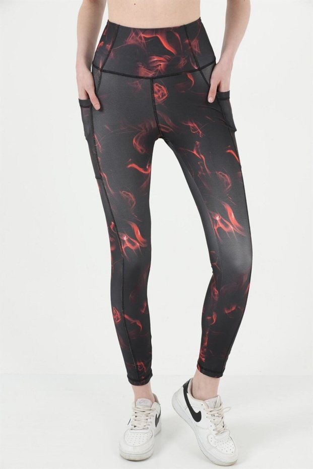 Women's Sports Leggings High Waist Double Pocket Recovery Black - Red Fire Pattern Digital