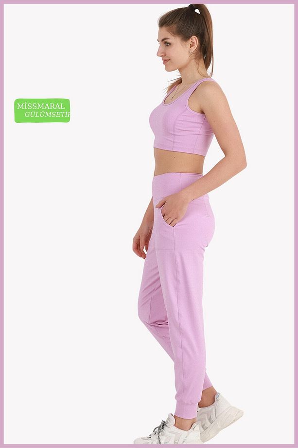 Kadın Curve Eşofman Alt Lila Jogger Dalgıç Kumaş Yüksek Bel Çift Cepli Joggers 1061 - 5