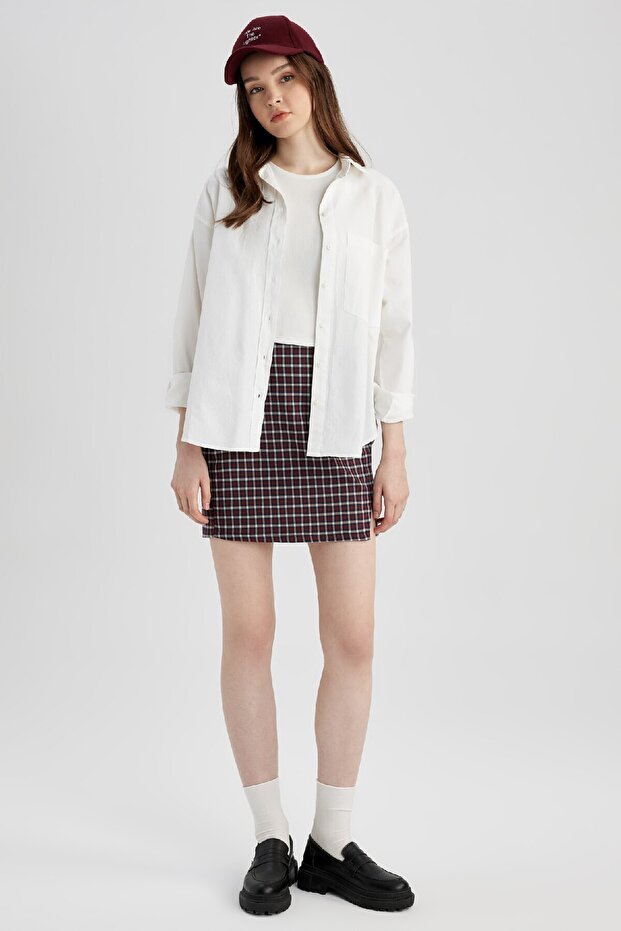 Kare Desenli Yırtmaçlı Dokuma Mini Etek A2289ax22au - 2