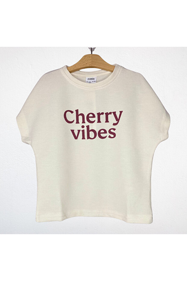 Cherry Patterned Waffle Fabric Ecru Double Set - 2