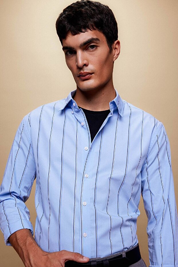 Modern Fit Polo Neck Striped Woven Long Sleeve Shirt A9882Ax23Au