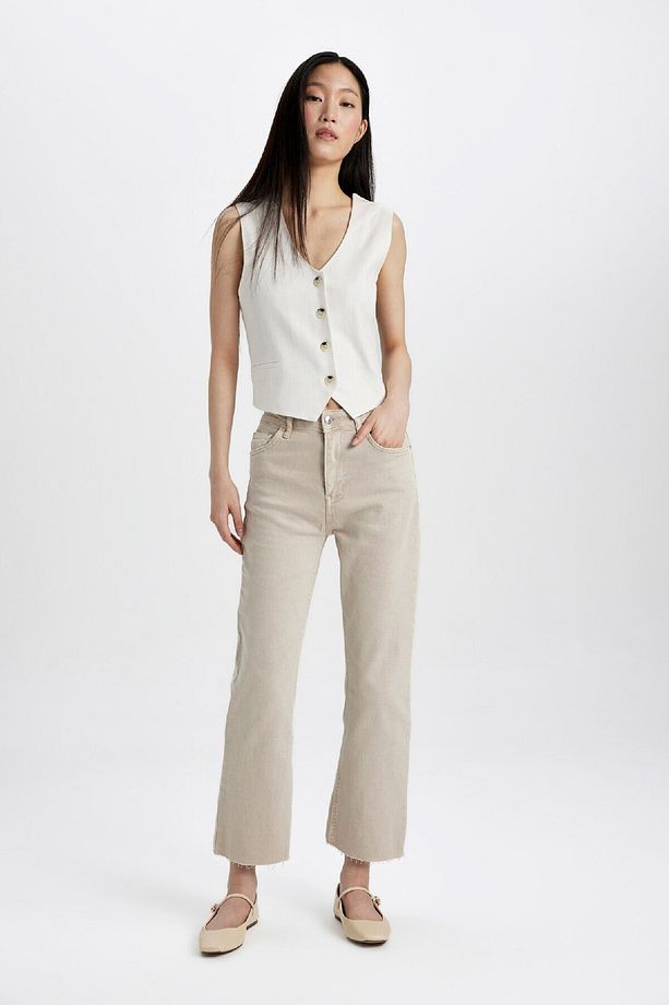 Crop Flare Fit Yüksek Bel Paça Ucu Kesik Dokuma Pantolon B5014AX24SM - 2