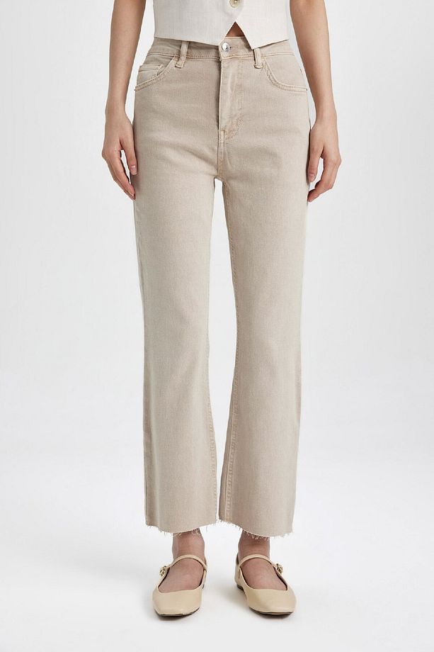 Crop Flare Fit Yüksek Bel Paça Ucu Kesik Dokuma Pantolon B5014AX24SM - 1