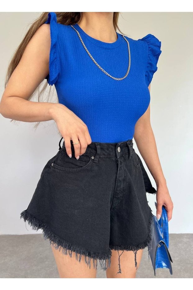 Women's Blue Ocean Fabric Chain Detail Sleeve Valon Crop