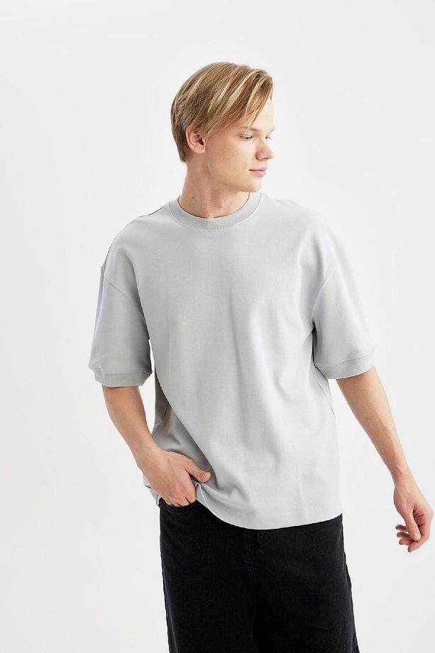 Loose Fit Bisiklet Yaka Kısa Kollu Ağır Kumaş Basic Düz Tişört B4844ax24sp - 3