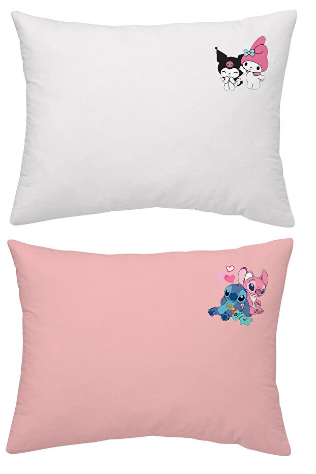 Makiteks One Hundred Percent Cotton Kuromi Lilo Stitch Printed White Pink Two 50X70 Pillow Case Set
