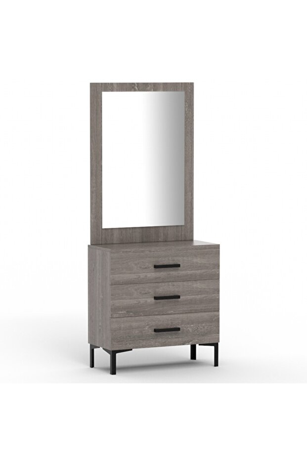 Dresser with Large Vanity Mirror and 3 Storage Drawers - Grey Brown Whiteriver Oak