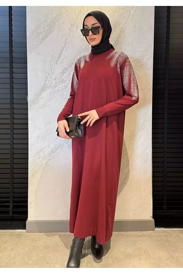 Taş Işlemeli Merserize Tessettür Elbise Bordo - 3