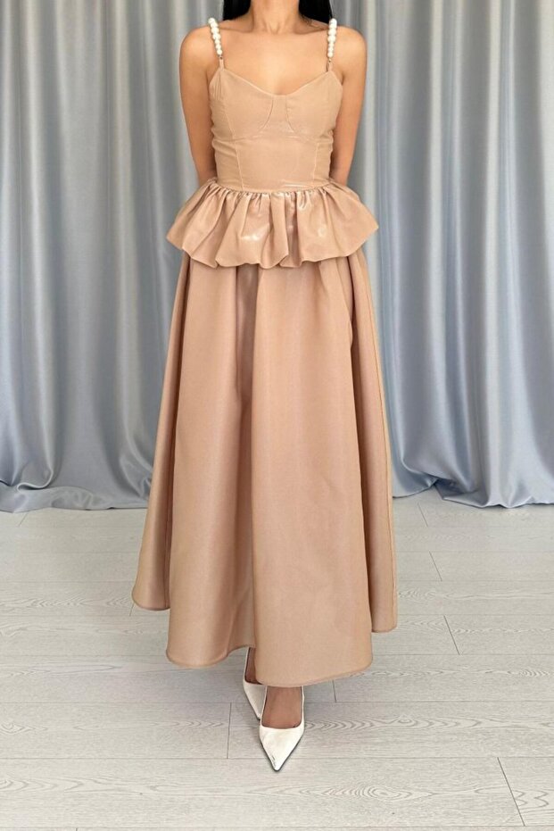 Dressify Women’S Fashion Camel Drawstring Pearl Strap Long Dress