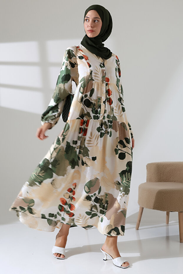 Women's Modal Woven Patterned Green Hijab Dress