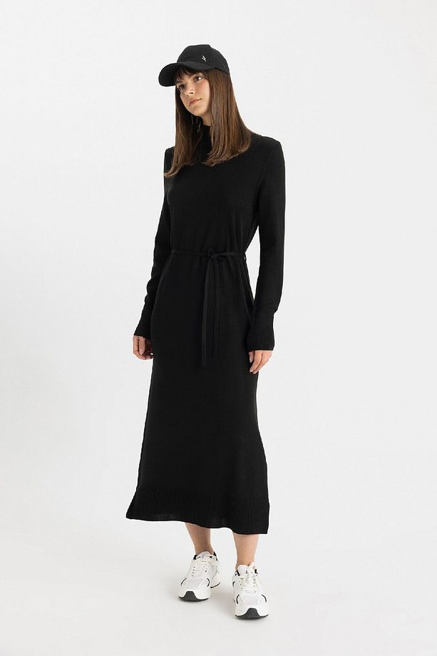 Regular Fit Yarım Balıkçı Yaka Basic Düz Yırtmaçlı Uzun Kollu Maxi Triko Elbise A9807ax24wn - 3