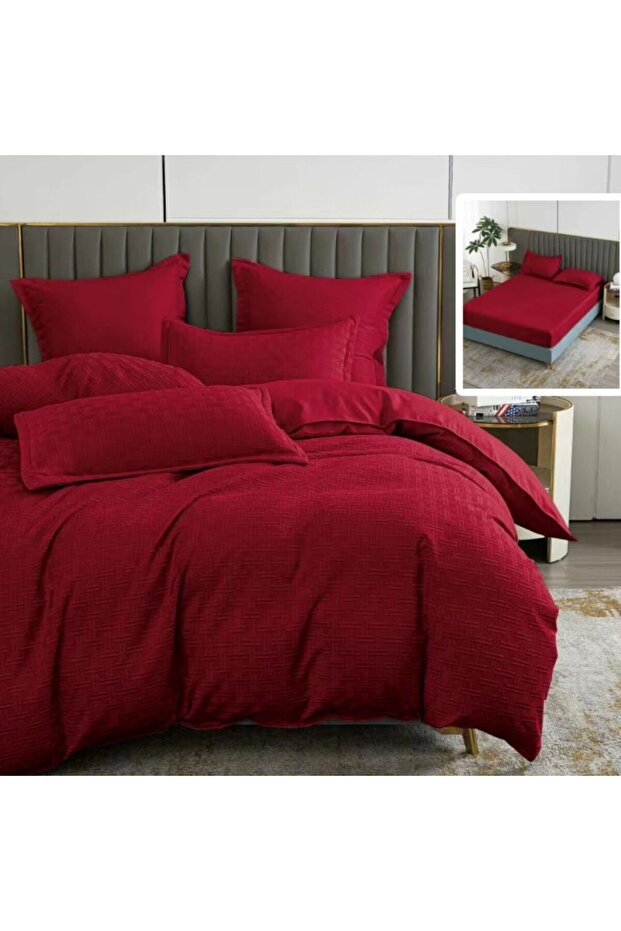Double bed linen, plain, with elastic, 6 pieces, polycotton, Red - 1