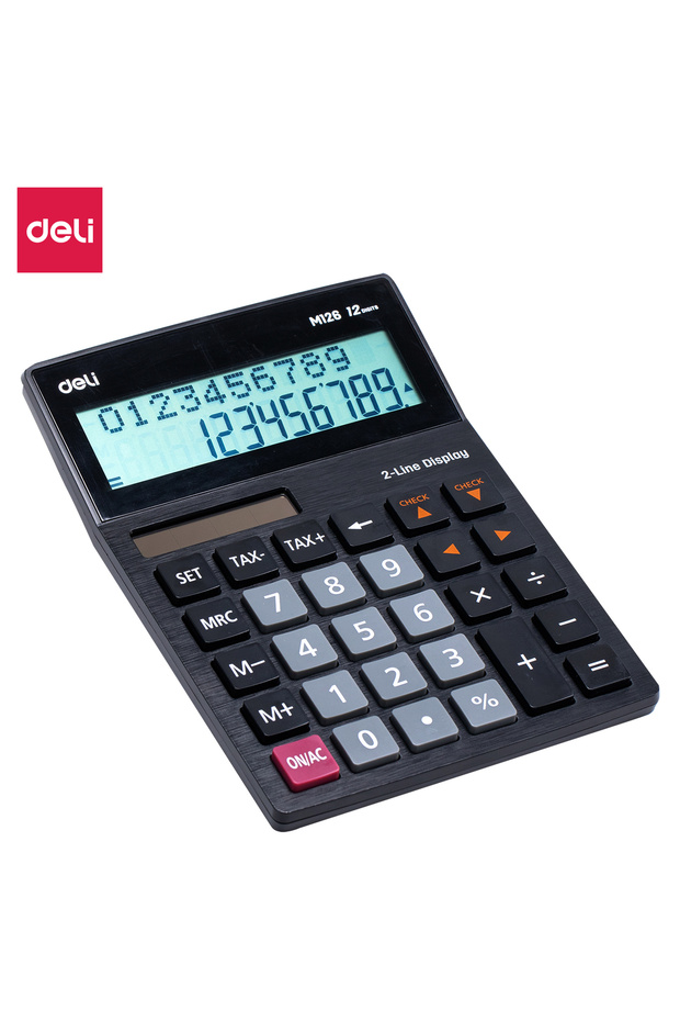 Deli EM126 Calculator - Plastic, 12 Digits, Black, 2-Line Display, Tax Function - 1