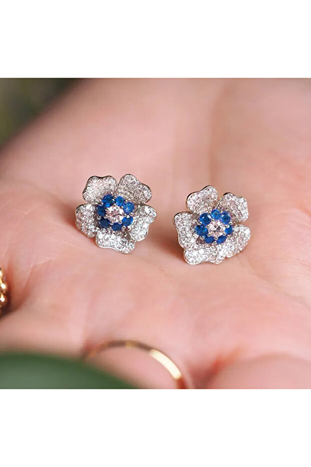 Blue ZAKOL Bling CZ Flower Stud Earrings AAA Cubic Zirconia Aesthetic Women's Ear Accessories Bright